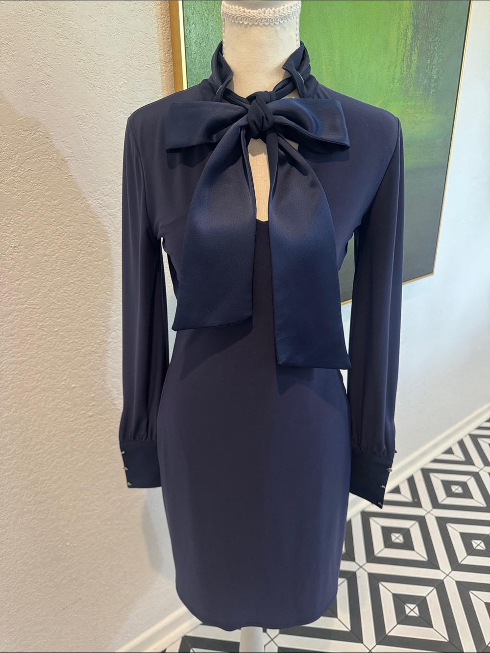 White House Black Market Navy Long-Sleeve Tie-Neck Elegant Dress SZ XS